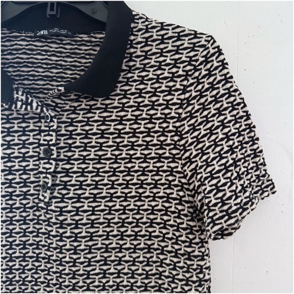 Zara Black and White Patterned Polo Short Sleeve Sweater Size Large - Picture 2 of 12
